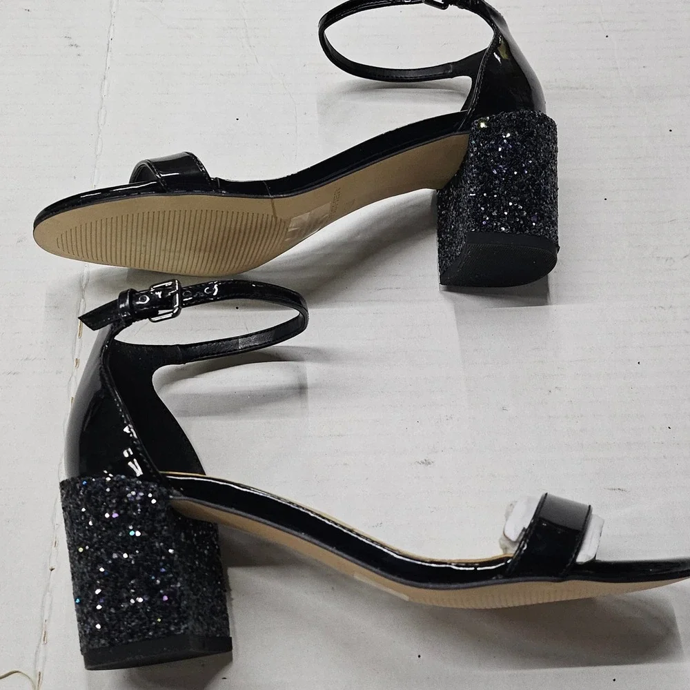 Marc Fisher Safia Black Patent Glitter Block‎ Heel Sandals 5.5M QMSAFIA NEW